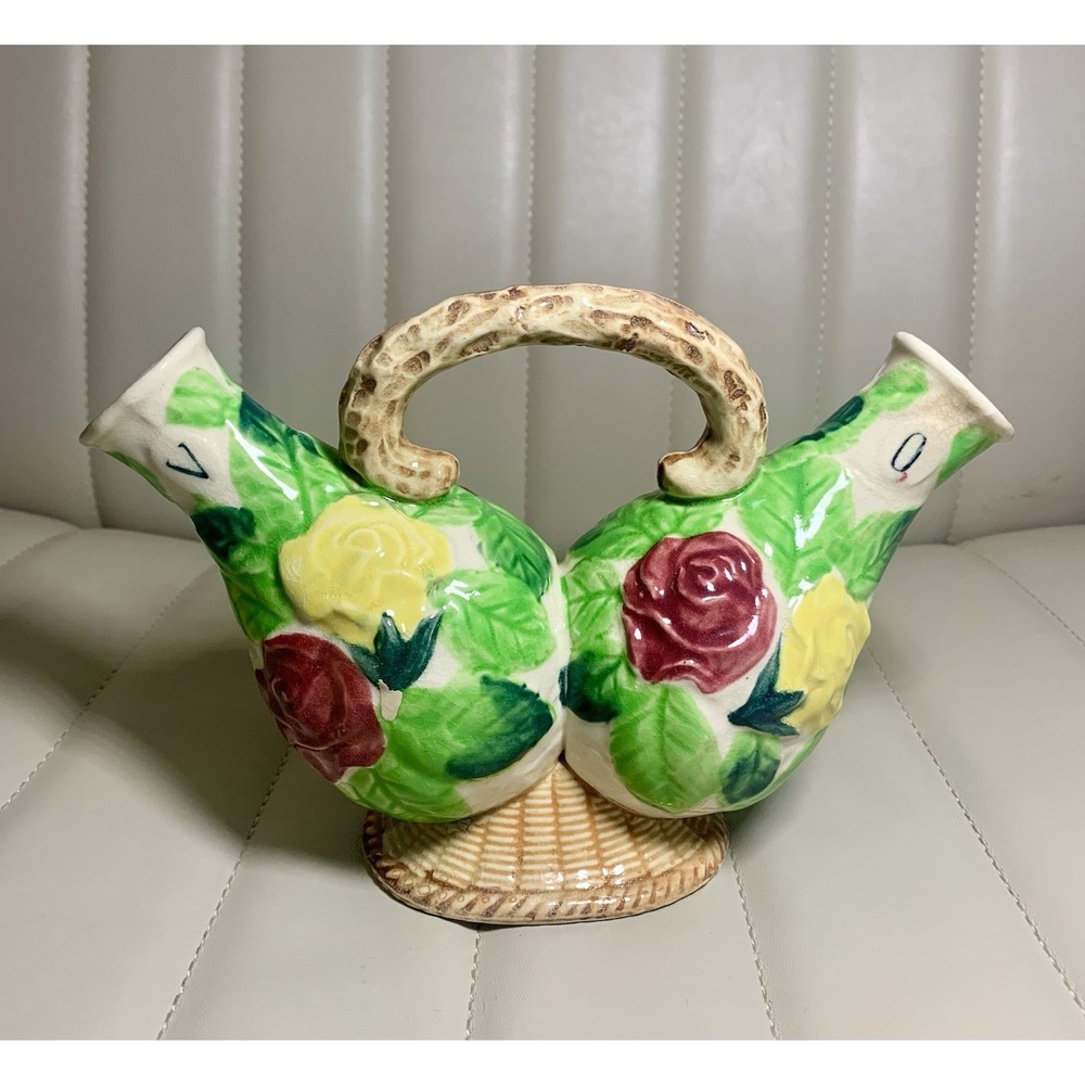 Vintage Ceramic Oil and Vinegar Cruet Set Double Spout Rose Floral Hand Painted